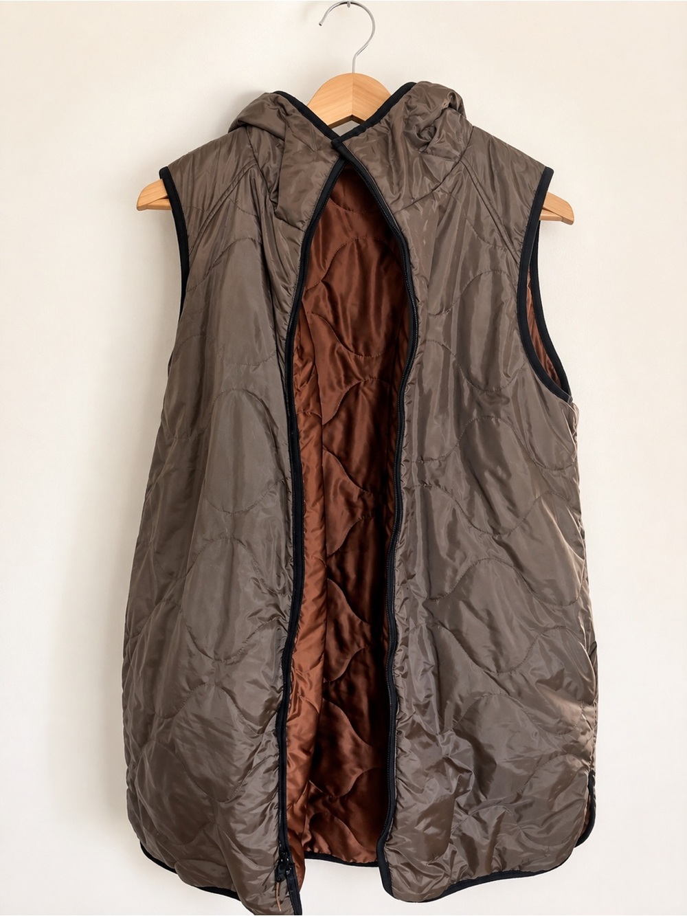 Tribal Hooded Quilted Sleeveless Vest in Taupe with Brown Lining